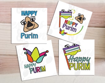 Funny printable PURIM tags set, Digital download Purim basket mishloach manot square tag, Colorful Happy Purim instant download cards
