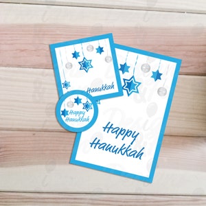 Ensemble de balises Happy Hanukkah, carte de Hanoukka de téléchargement numérique, étiquette carrée et étiquette ronde avec étoile de David et ornements, paquet de téléchargement instantané
