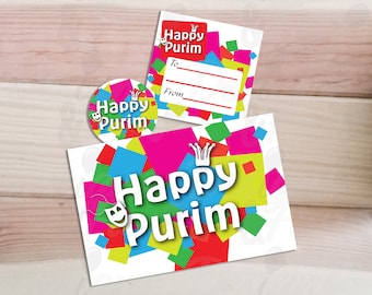 Colorful Purim tags set, Printable Happy Purim tag, sticker and card Digital download files, Square tag and round tag Jewish holiday bundle