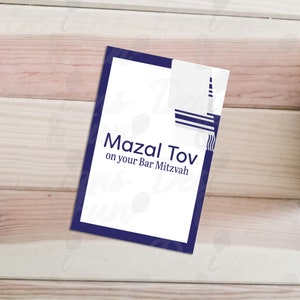 Tarjeta Bar Mitzvah Mazal Tov, tarjeta doblada de felicitaciones judías imprimibles, bar mitzvah blanco azul y tallit Descarga digital archivos PDF JPG