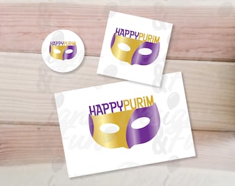 Purple Gold Happy Purim printable cards set, Digital download MASK Purim card, square tag and Round sticker, instant download holiday bundle