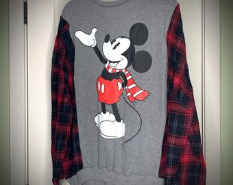 Upcycled Mickey Mouse Sweatshirt with Flannel Sleeves Very Oversized Reworked Disney