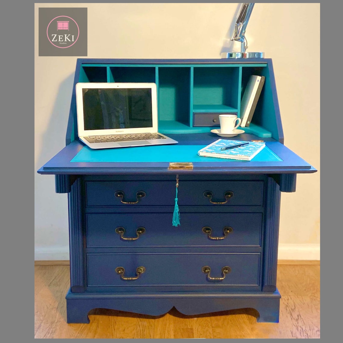 Vintage Solid Wood Bureau Desk Dark Blue with Bright Teal Etsy