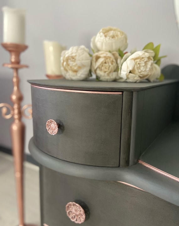 green emerald velvet dress Bedroom Contemporary Vanity Set W Foldable Mirror Stool Drawers Rose Gold Color Rose Gold Vanity Stools Bedroom Round Grey Classic,Contemporary Padded