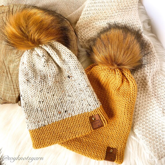 Mustard Double Pom Beanie C.C Double Pom Pom All Over Cable Knit Beanie – Madeline Love main image 3