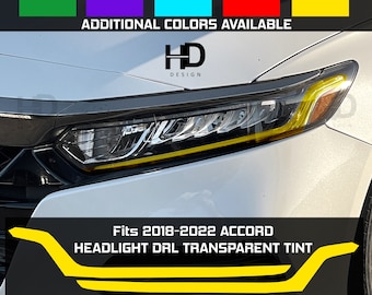 May include: Yellow headlight DRL transparent tint for a 2018-2022 Honda Accord. The tint is applied to the front of the car, over the headlights. The tint is designed to give the car a more aggressive look.  Fits 2018-2022 Accord Headlight DRL Transparent Tint
