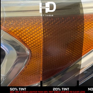 May include: A side-by-side comparison of a car's taillight with different levels of tint. The left side shows a 50% tint, the middle shows a 20% tint, and the right side shows no tint. The text "50% TINT IS MUCH LIGHTER THAN 20% TINT WHEN APPLIED TO CLEAR LENS" is displayed below the image.