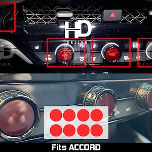 May include: A set of eight red round car buttons with the text "Fits ACCORD" below. The buttons are designed to replace the existing buttons in a Honda Accord car.