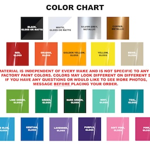 Peut inclure: Un nuancier pr&eacute;sentant vingt et un &eacute;chantillons de vinyle avec des &eacute;tiquettes incluant noir, blanc, gris argent&eacute;, cuivre, rouge, orange, jaune dor&eacute;, jaune, beige, vert lime, vert, vert fonc&eacute;, menthe, sarcelle, bleu glace, gentiane, lavande, violet, rose p&acirc;le et rose.