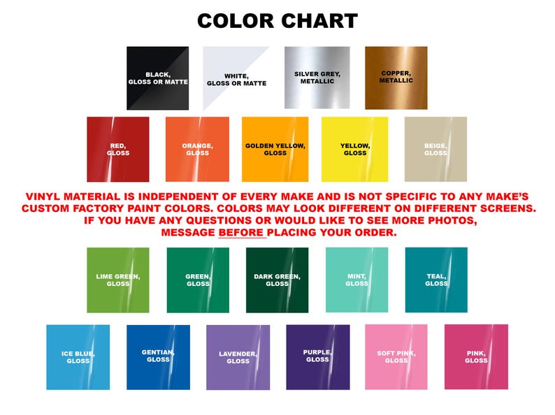 Peut inclure: Un nuancier pr&eacute;sentant vingt et un &eacute;chantillons de vinyle avec des &eacute;tiquettes incluant noir, blanc, gris argent&eacute;, cuivre, rouge, orange, jaune dor&eacute;, jaune, beige, vert lime, vert, vert fonc&eacute;, menthe, sarcelle, bleu glace, gentiane, lavande, violet, rose p&acirc;le et rose.