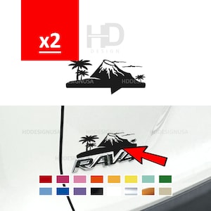 2x Vinyl Decals Fits 2019 - 2025 RAV4 Badge Emblem Topper Tropical Volcano Beach Top of Emblem Outdoors Car Accessories 2020 2021 2022 2023