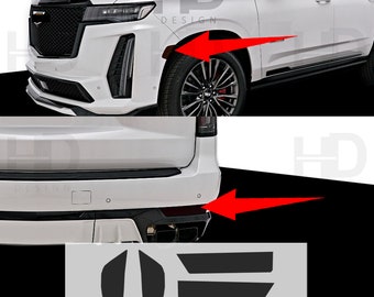 May include: Black vinyl car trim pieces for a white SUV. The trim pieces are designed to cover the rear bumper, wheel arches, and side panels. The trim pieces are shown on a white background.