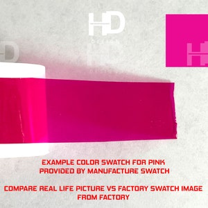 May include: A close-up of a pink color swatch, showing the actual color of the product. The swatch is labeled "EXAMPLE COLOR SWATCH FOR PINK PROVIDED BY MANUFACTURE SWATCH". The text "COMPARE REAL LIFE PICTURE VS FACTORY SWATCH IMAGE FROM FACTORY" is also visible.
