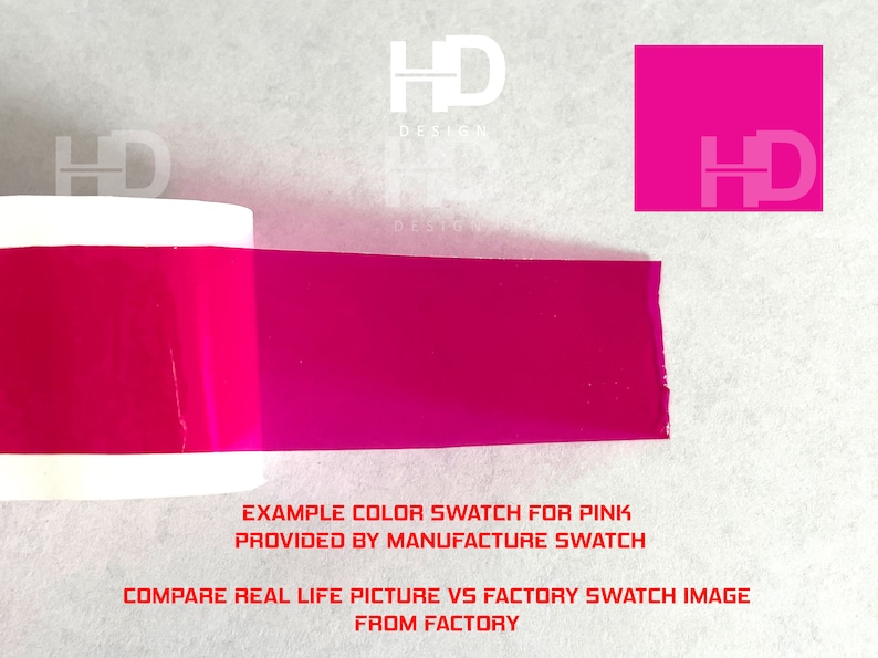 May include: A close-up of a pink color swatch, showing the actual color of the product. The swatch is labeled "EXAMPLE COLOR SWATCH FOR PINK PROVIDED BY MANUFACTURE SWATCH". The text "COMPARE REAL LIFE PICTURE VS FACTORY SWATCH IMAGE FROM FACTORY" is also visible.