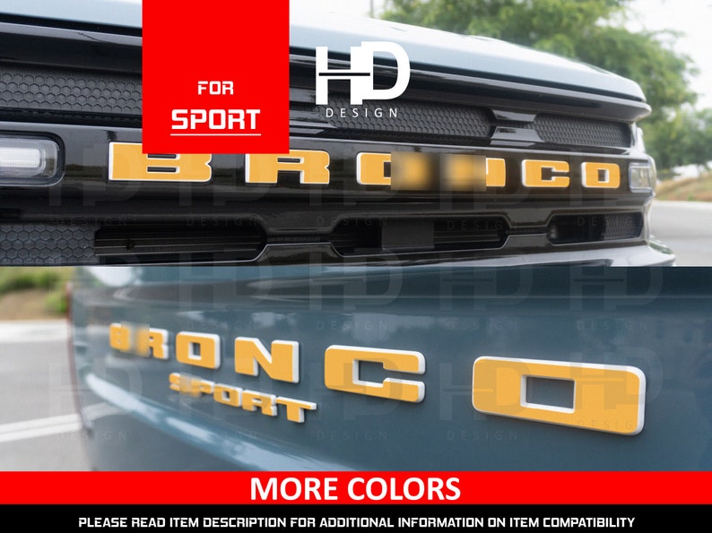 HDUSA Front Grille & Rear Emblem Vinyl Decal Lettering Set Custom Color Mod Blackout Tint Overlay Pack Fits Bronco SPORT 2021 2022 2023 2024 image 1