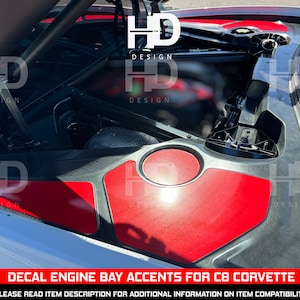 May include: Red and black decal accents for the engine bay of a C8 Corvette. The decals are designed to fit the contours of the engine bay and feature a carbon fiber pattern. The text "DECAL ENGINE BAY ACCENTS FOR C8 CORVETTE" is printed at the bottom of the image.
