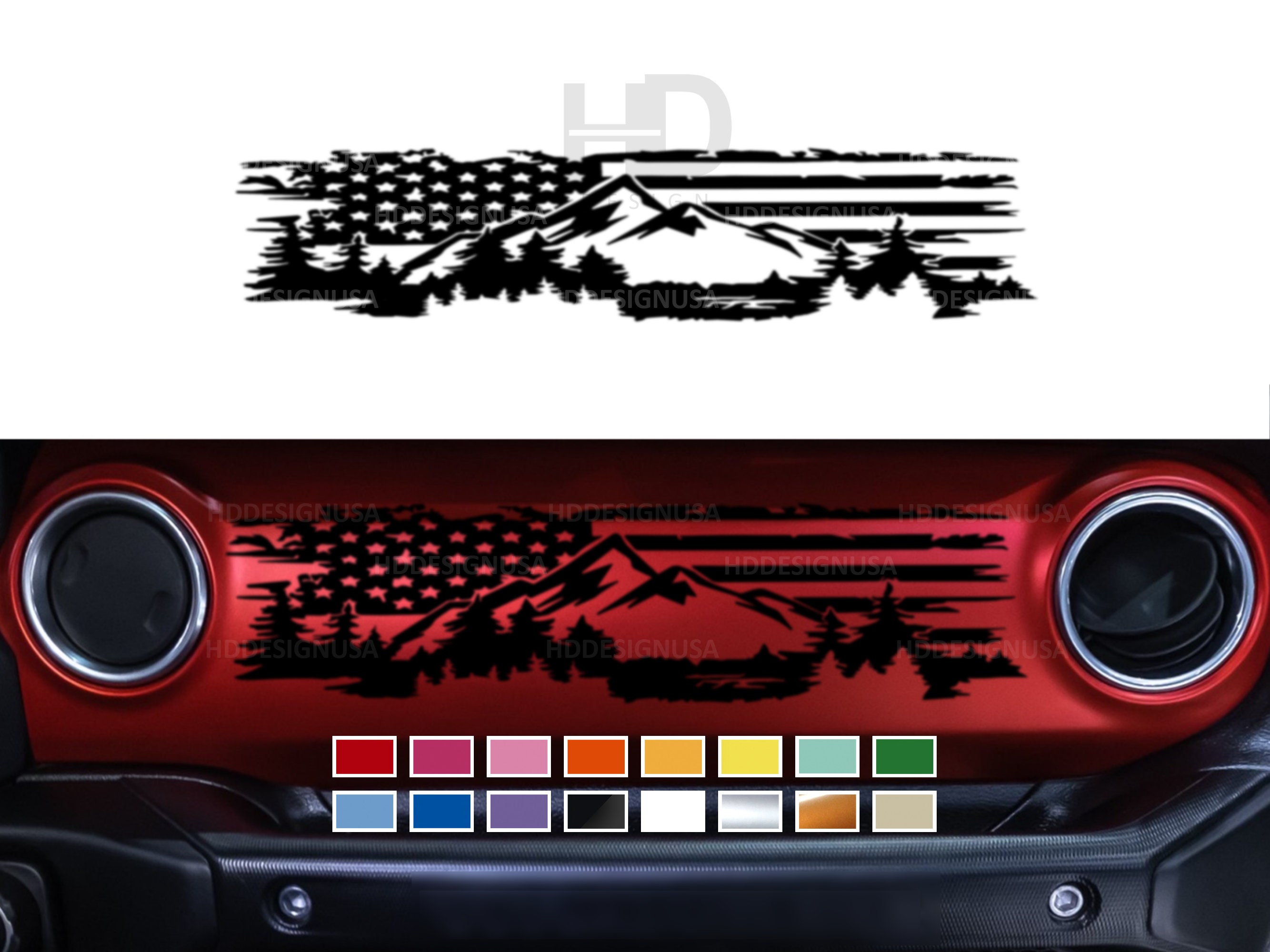 HDUSA Flag Fits Jeep Wrangler / Gladiator Dashboard Glove Box Mountain Scene Vinyl Decal Sticker Matte Black Dash Board Off Road Grill