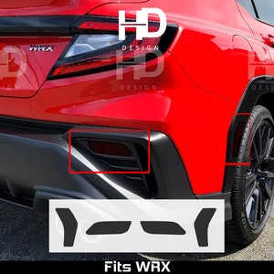 May include: A red Subaru WRX with black trim and black wheels. The car has a black rear bumper with a black diffuser and two black exhaust tips. The car also has a black rear spoiler. The image includes the text "Fits WRX".
