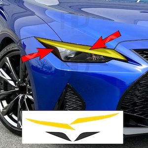 May include: A close-up of a blue car's front end with yellow headlight covers. The covers are shaped to fit the headlights. The image also shows a set of yellow and black headlight cover templates.