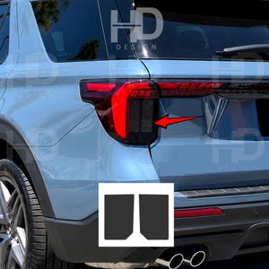May include: A light blue SUV rear quarter panel featuring a red LED taillight assembly with a dark tinted section. A red arrow points to the tinted area, and a separate white graphic shows two dark rectangular overlays for the taillight lens.