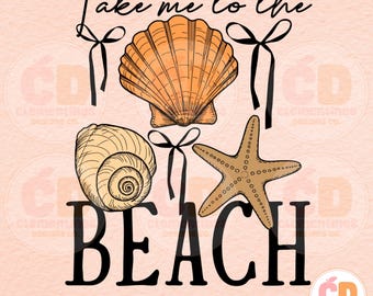 Op de afbeelding: Digitale afbeelding met de tekst "Take me to the BEACH" in zwart. De afbeelding bevat illustraties van een zeeschelp, een spiraalschelp en een zeester, allemaal in oranje- en bruintinten, met zwarte strikken.