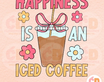 Happiness Iced Coffee Design, Retro PNG, Sublimation (Digital Download)