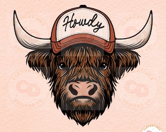 May include: A brown and white Highland cow with a red baseball cap that says "Howdy" on it.