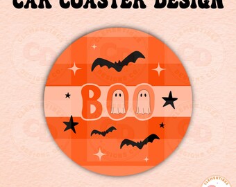 Halloween Car Coaster PNG: Boo Ghosts, Bats Sublimation Design (Digital Download)