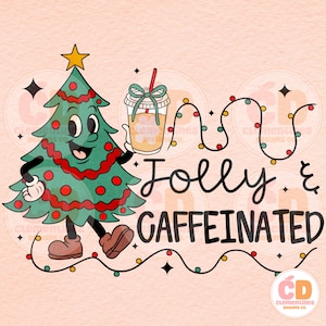 Puede incluir: Ilustración caprichosa de un árbol de Navidad de dibujos animados sosteniendo una bebida de café. El texto dice "Jolly & Caffeinated" con una cadena de luces navideñas. El diseño tiene un estilo retro y vintage sobre un fondo rosa claro.