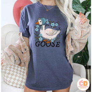 May include: A blue t-shirt with a white goose wearing a blue bonnet and surrounded by blue flowers. The text "Mama Goose" is printed on the shirt.