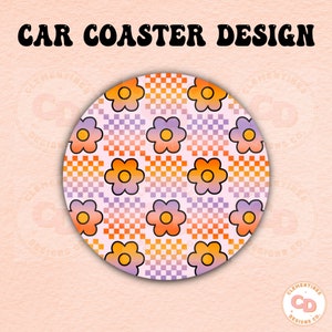 Checkered Rainbow Flower Car Coaster Digital Design,Sublimation Design,Car coaster sublimation,Coaster designs,Trendy png,Sublimation png