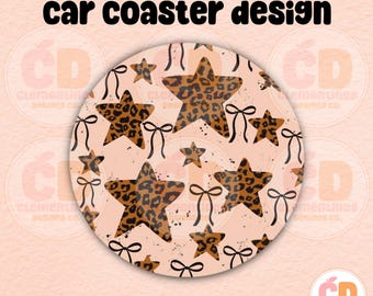 May include: Round car coaster with a leopard print star pattern and black bows on a peach background. The text "car coaster design" is at the top. The coaster has a decorative design.