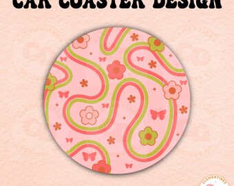 Groovy Flower Car Coaster PNG - Sublimation Design (Digital Download)