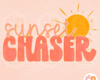May include: A pink and orange graphic design with the text "sunset chaser" and a stylized sun with yellow rays.