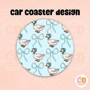 May include: A round blue and white car coaster with a repeating pattern of white geese wearing blue bonnets and blue bows. The text "car coaster design" is at the top of the coaster.