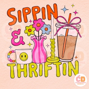 Retro Sippin & Thriftin PNG, Coffee Lover Design (Digital Download)