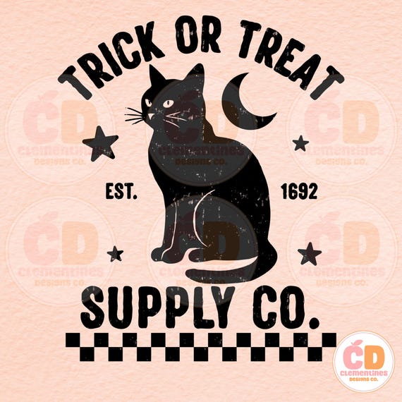 Retro Halloween Black Cat PNG: Trick or Treat Digital Design (300 DPI)