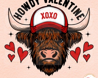 Ciao San Valentino PNG: mucca occidentale, cuori (download digitale)