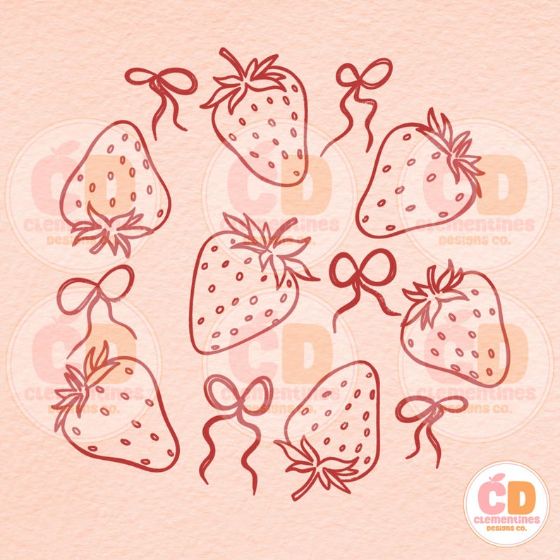 K&ouml;nnte beinhalten: Eine digitale Illustration von acht roten Erdbeeren mit wei&szlig;en Kernen und gr&uuml;nen Bl&auml;ttern. Jede Erdbeere hat eine rote Schleife mit einem langen Band.