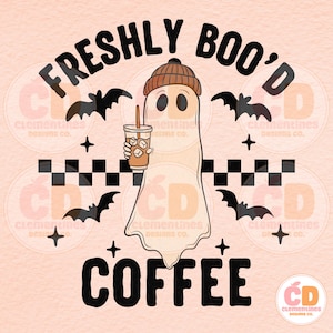 May include: A Halloween-themed graphic featuring a ghost wearing a brown beanie and holding an iced coffee. The text reads "FRESHLY BOO'D COFFEE" with bat and star accents, set against a peach background.