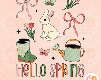 May include: A colorful illustration with the text "HELLO SPRING" in a whimsical font. The illustration features a white bunny, pink bows, green watering can, green rain boots with white polka dots, butterflies, and pink tulips.