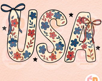 Floral USA PNG: コケットな愛国的なデザイン (デジタルダウンロード)