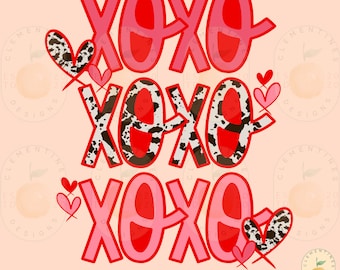 牛柄バレンタイン PNG、XOXO デザイン（デジタルダウンロード）