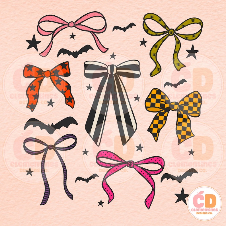 May include: A collection of hand-drawn Halloween-themed bows in various colors and patterns. The bows include pink, orange, black and white stripes, and yellow checkered designs. Black bats and stars are scattered around the bows, creating a festive and spooky atmosphere.