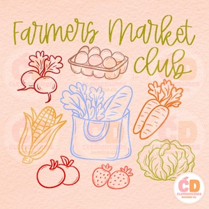 Könnte beinhalten: Digitale Illustration mit Produkten vom Bauernmarkt, darunter Eier, Rüben, Mais, Tomaten, Erdbeeren, Karotten, Salat und eine Gemüsetüte. Der Text "Farmers Market Club" ist grün.