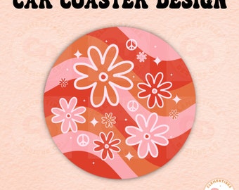 Puede incluir: Un posavasos para coche rojo y rosa con un diseño groovy de los años 70 con flores blancas y signos de paz.