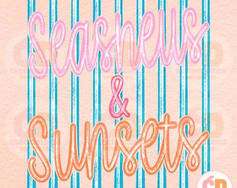 May include: A graphic design featuring vertical light blue stripes on a peach background. The text Seashells & Sunsets is written in a cursive font, with Seashells in pink and Sunsets in orange. A small circular logo with CD is visible.