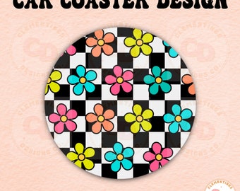 Posavasos para coche con diseño de flores a cuadros PNG: Sublimación (Descarga digital)