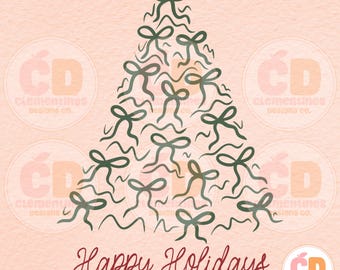 May include: A festive holiday design featuring a Christmas tree shape composed of green bows and wavy lines. The words "Happy Holidays" are written in a cursive font at the bottom. The background is a light peach color.