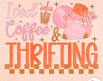 Diseño de camiseta retro con café helado y compras de segunda mano (descarga digital)